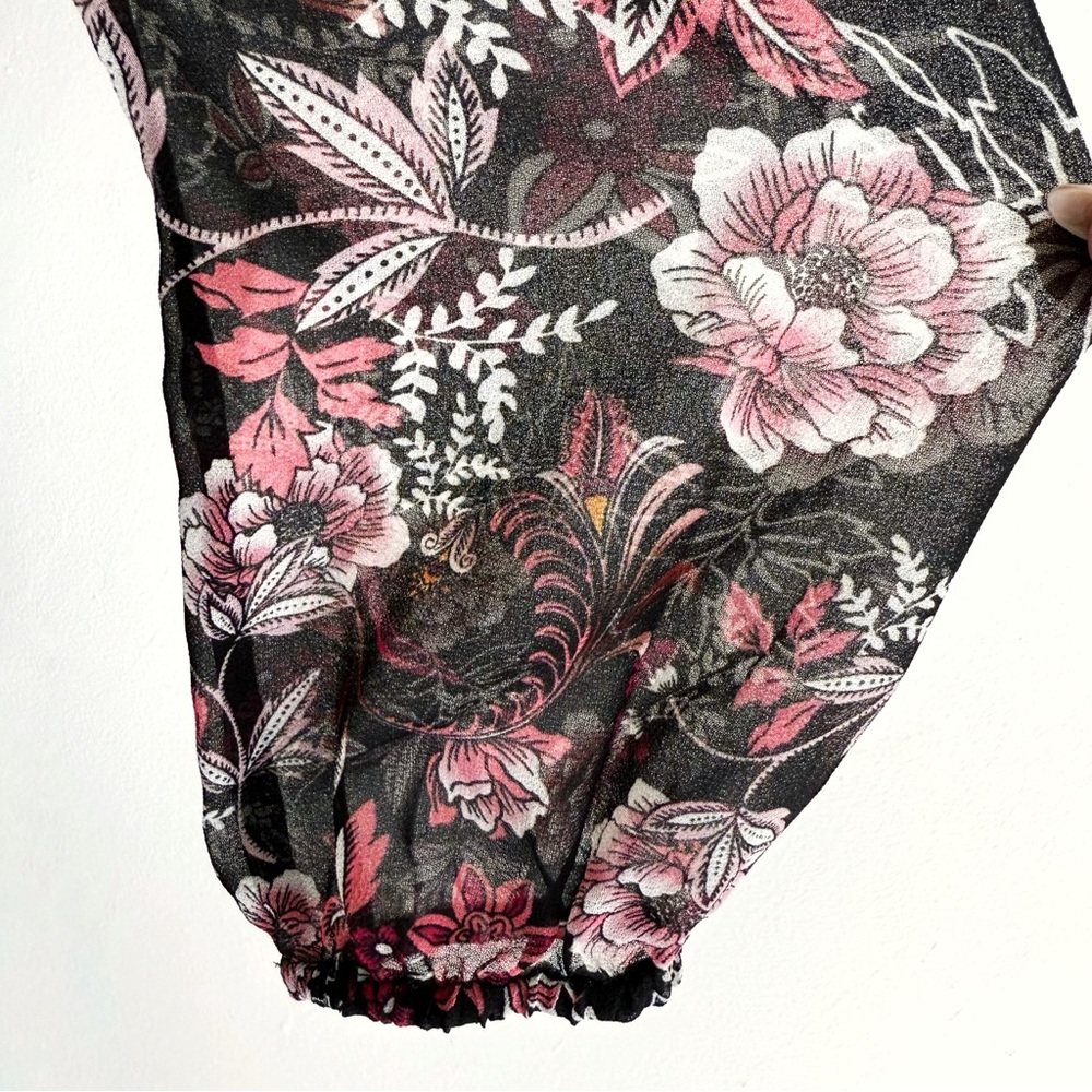 MISA MAYLI BLACK PINK WHITE FLORAL PRINT LONG SLEEVE COLLARED BUTTON UP DRESS - Picture 8 of 17